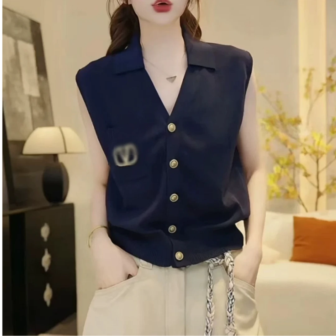 明明同款夏季V领薄款天丝毛针织衫百搭短款纯色简约无袖上衣背心