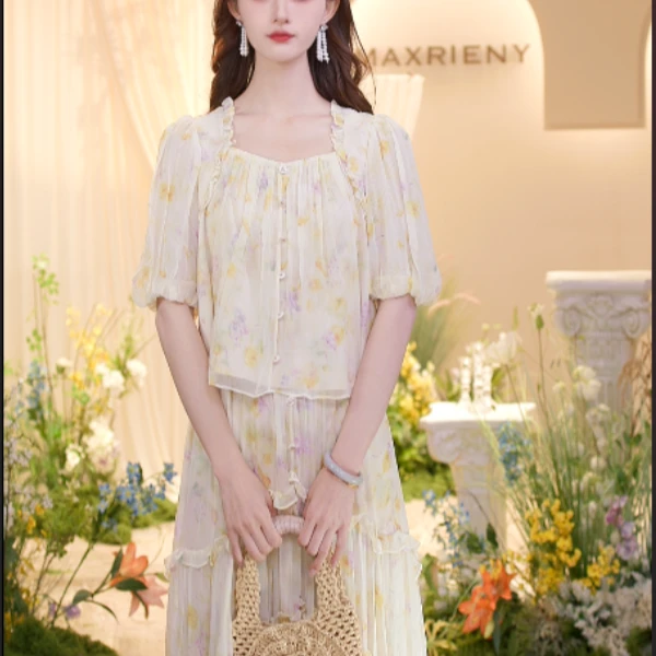 【蜜思仝】MAXRIENY25年夏季日落繁花宫廷风灯笼袖上衣显瘦印花甜美