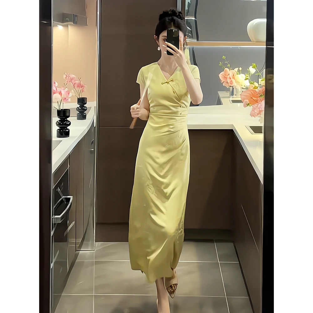 YY新中式国风旗袍连衣裙女夏季新款小众设计收腰修身显瘦长裙357