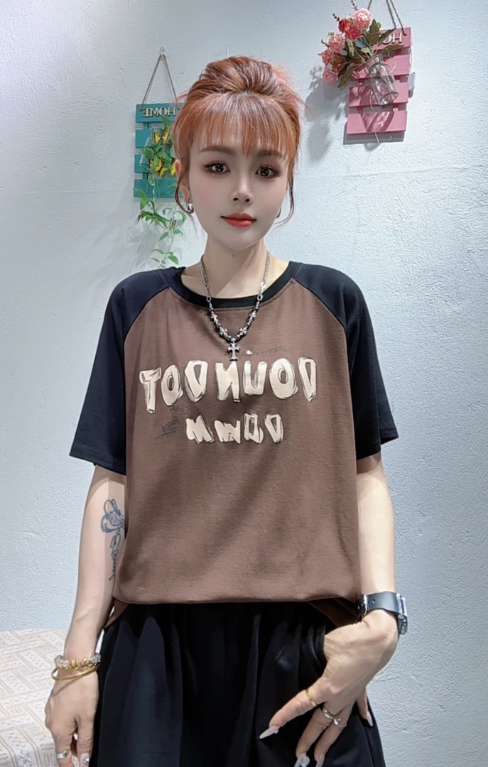 tz515-夏款短袖拼潮流插肩袖女洋气套装