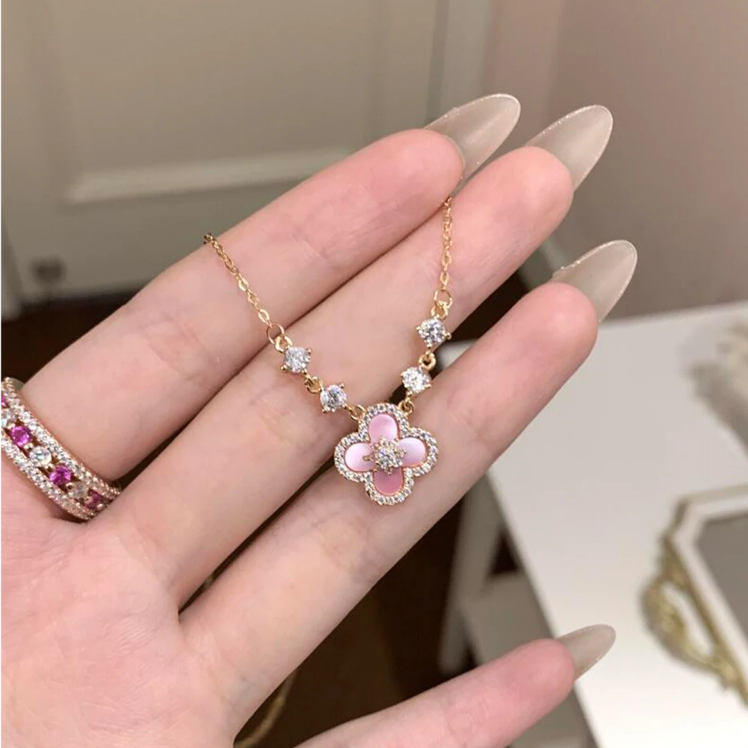 合金项链 粉色防贝母四叶草项链精致甜美百搭轻奢气质高级感颈链