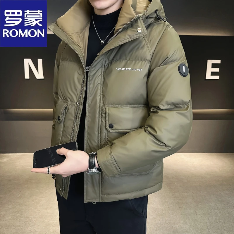 Romon/罗蒙男士羽绒服冬季2024新款加厚保暖连帽帅气潮流休闲外套