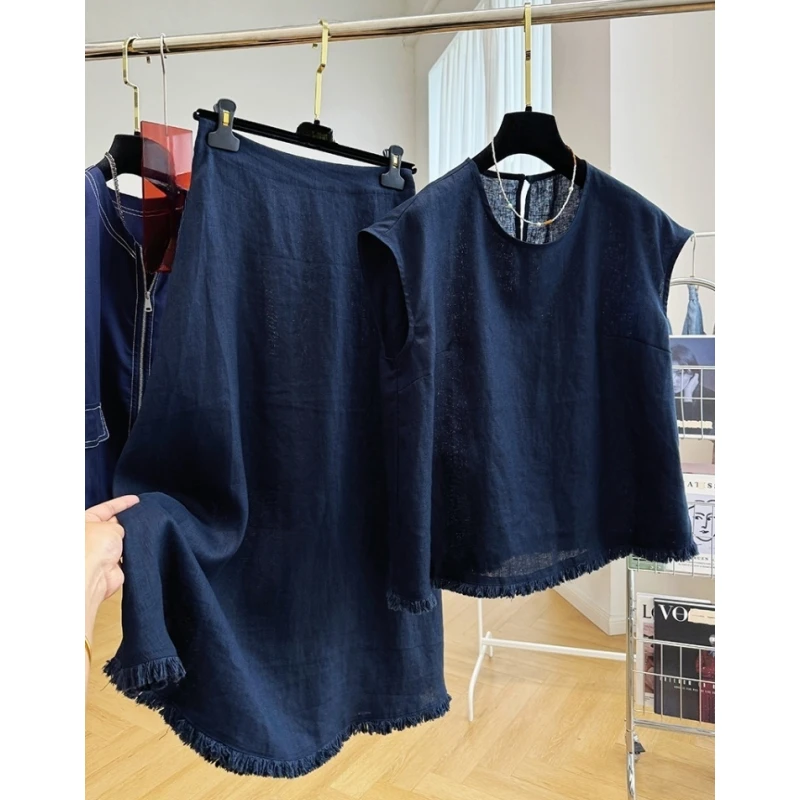 气质穿搭一整套无袖背心高腰半身裙两件套名媛女高端亚麻套装夏季