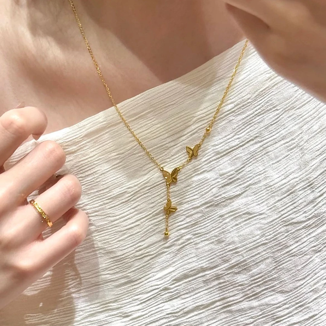 瑞诺黄金蝴蝶流苏项链女款999足金999时尚锁骨链情人节礼物送女友