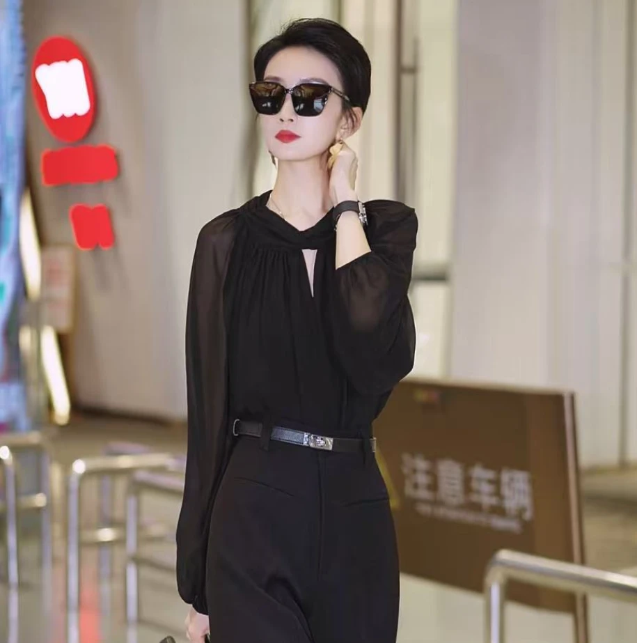 （玟萱推荐）法式镂空气质褶皱显瘦套头上衣