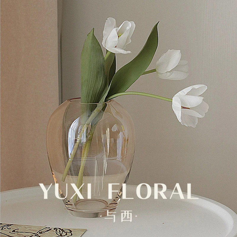 YUXI/与西法式简约棕色透明花瓶轻奢手工玻璃客厅花瓶插花水养