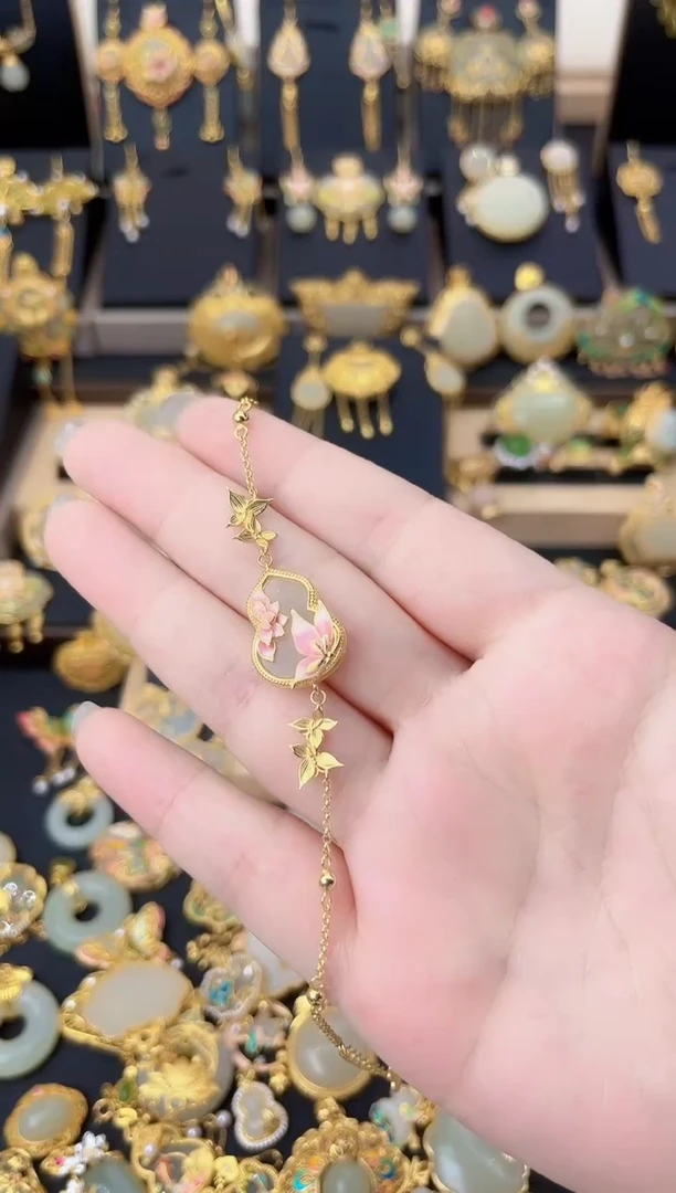 套链银S925镀金镶嵌和田玉蝶恋花葫芦手链