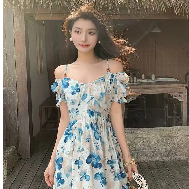 【YUNMEI】胖mm法式优雅气质水墨蓝色碎花连衣裙女夏收腰显瘦长裙
