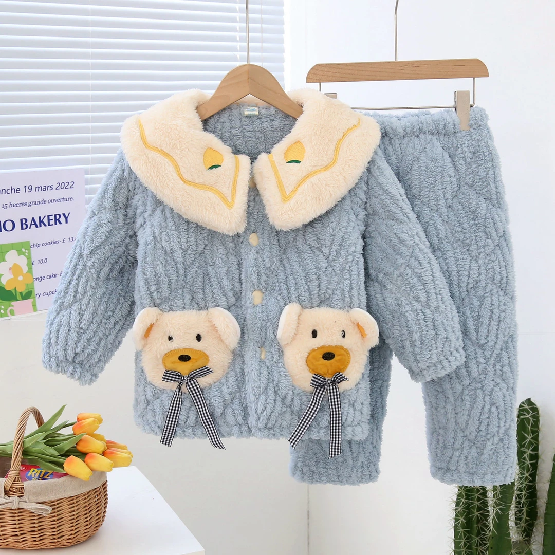 冬季三层夹棉睡衣加厚法兰绒女孩中大童家居服套装冬季长袖可外穿