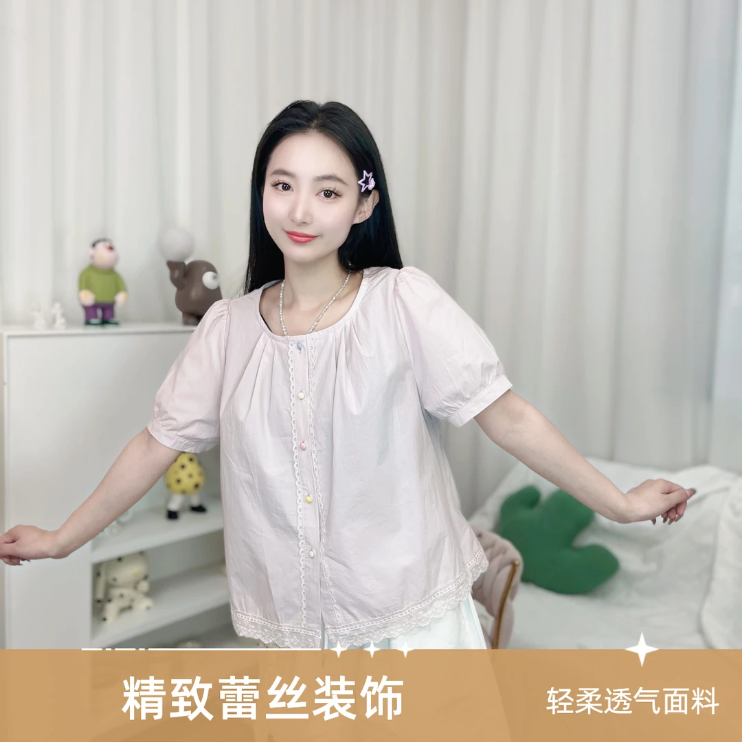 甜美设计感圆领短袖衬衫宽松气质春夏小众风格上衣