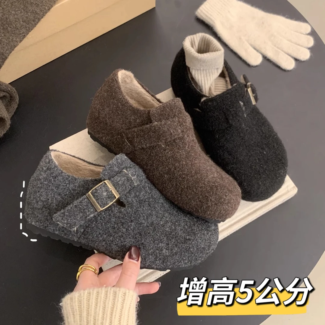 复古森系尼子全包勃肯鞋女增高软底加绒单鞋2025秋冬玛丽珍豆豆鞋