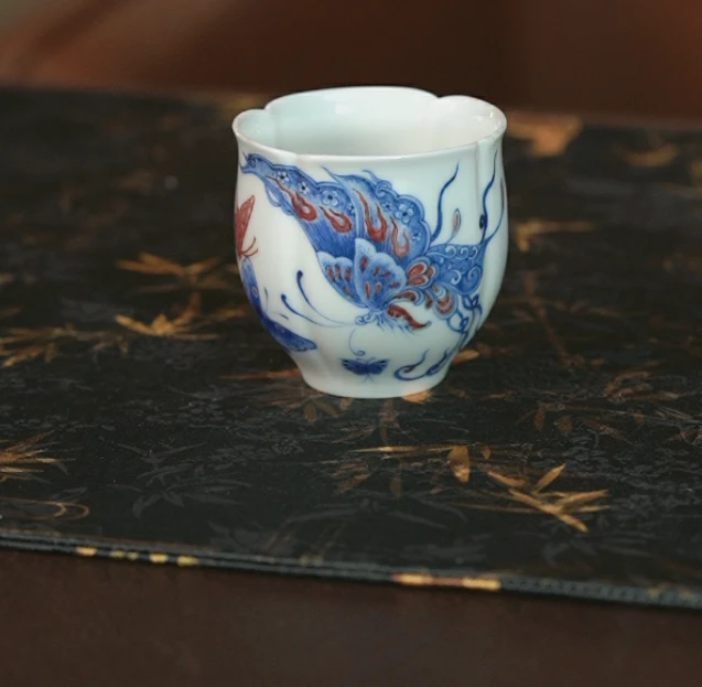 勤义堂青花釉里红翩翩仙蝶单杯景德镇茶具家用饮茶主人杯中式
