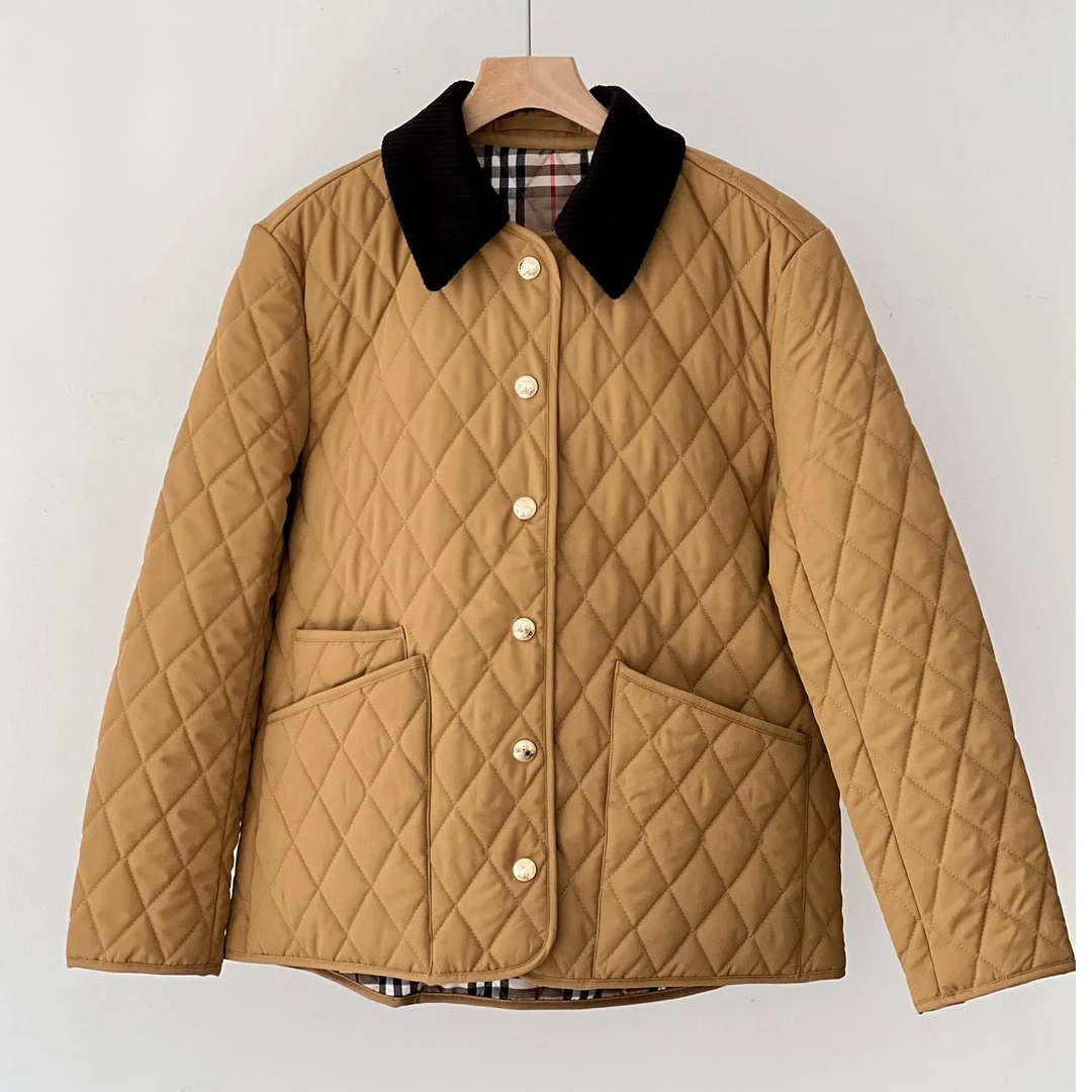 春季新款韩版修身菱形格翻领羊毛棉衣棉服外套 MY2512