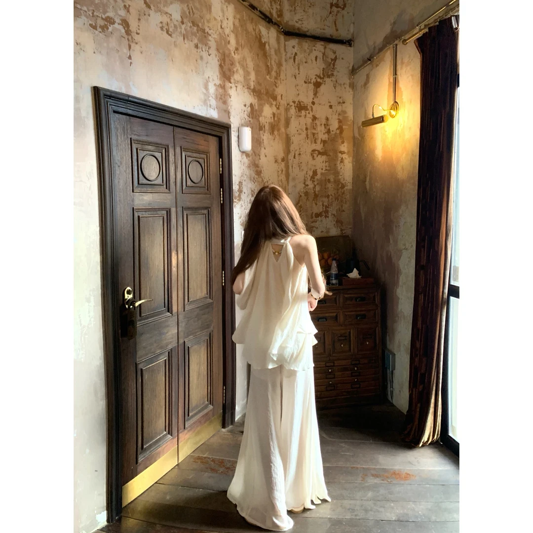 【YiJia~】禅意挂脖宽松上衣+舒适透气长裤休闲慵懒松弛感两件套装