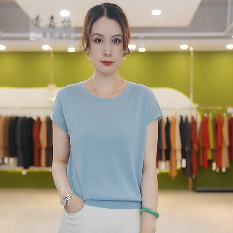 【香嘉怡新品】XJYE2085女士上衣100莱赛尔领子镂空针织衫夏季