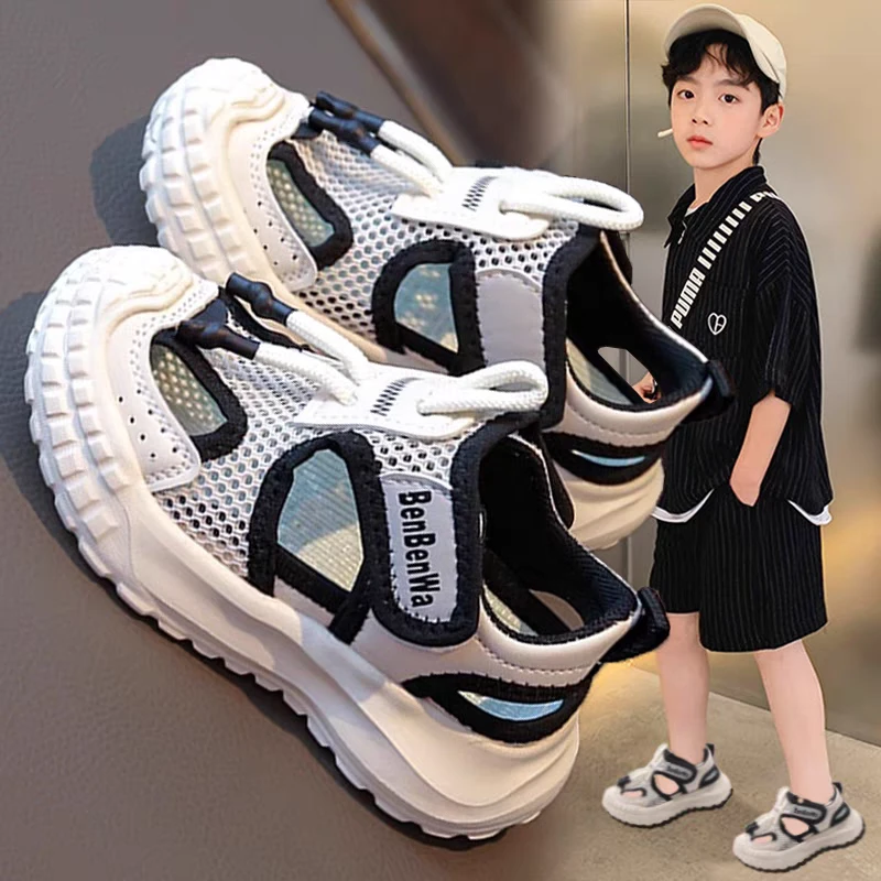 ABC男童包头凉鞋夏款2025新款软底儿童镂空网鞋男孩运动鞋中大童