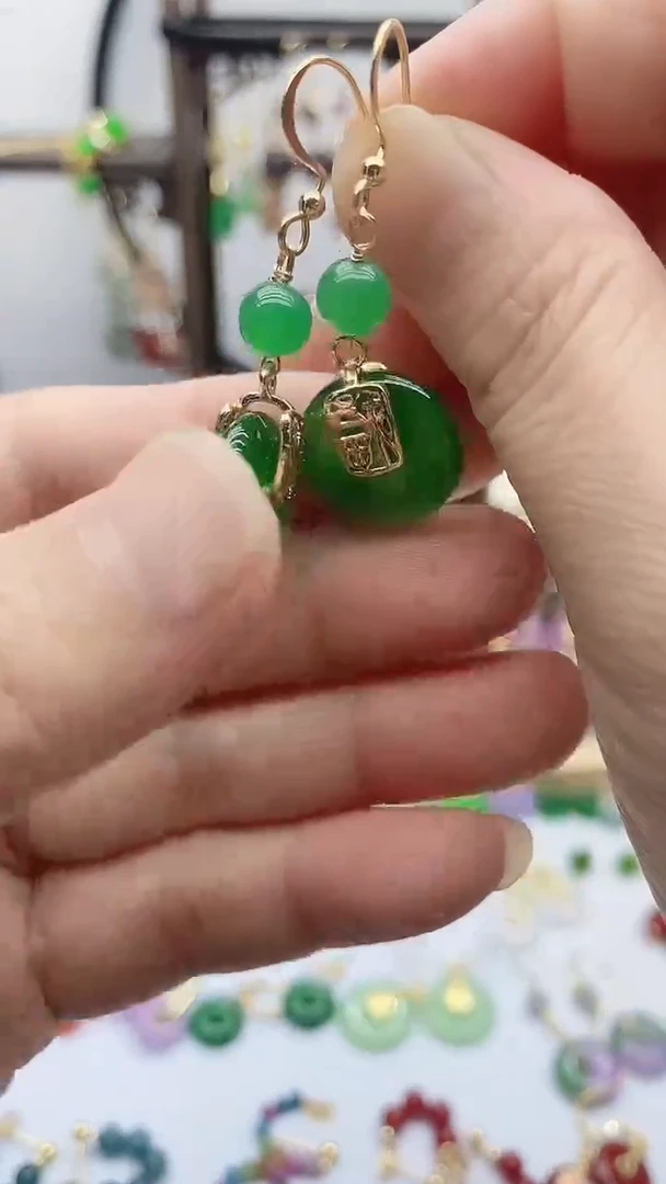 14K金镶嵌石英质玉（天山翠）耳饰76