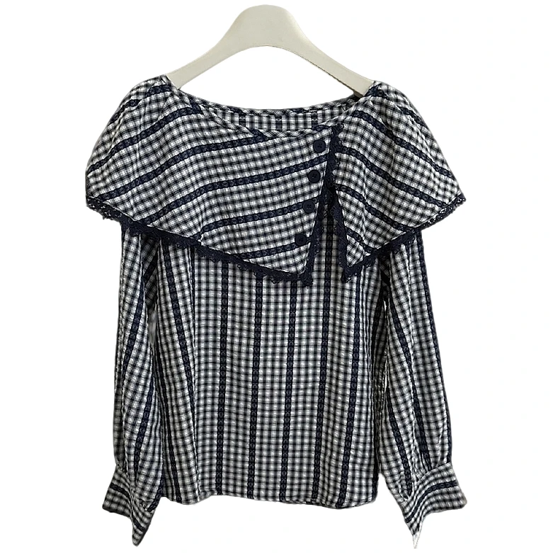 YZS08817荷叶领小众设计长袖时尚休闲百搭宽松洋气衣服女格子衬衫