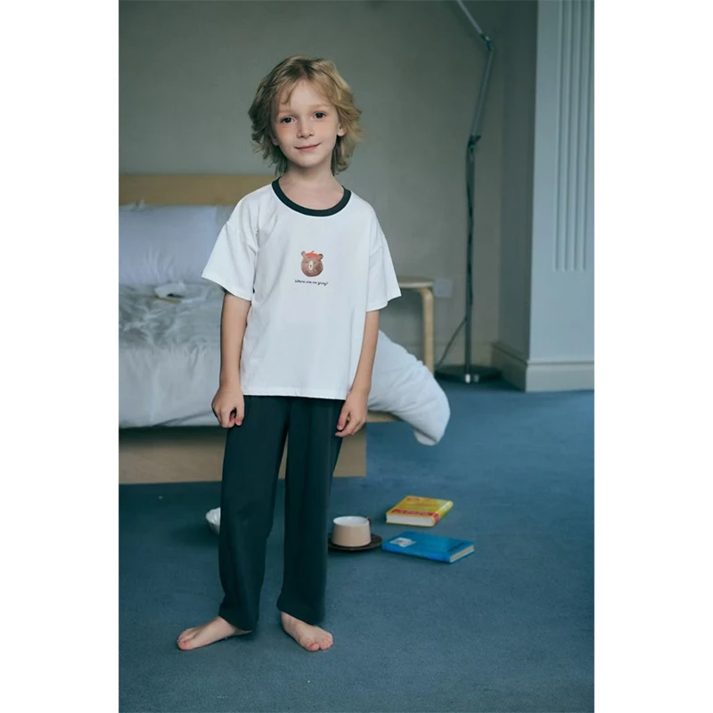 男童家居服套装夏季薄款云氧棉短袖长裤亲肤抗菌透气小熊863981