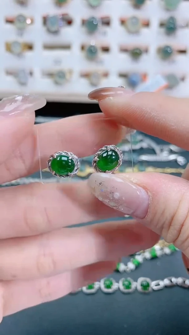 银S925镶嵌翡翠耳饰天然翡翠