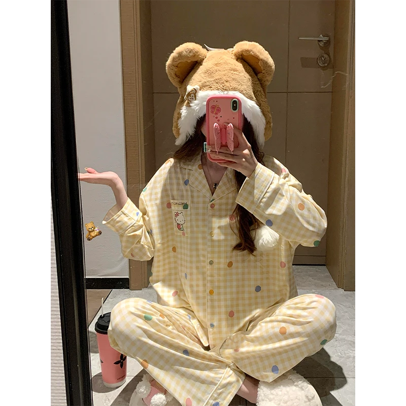 【格子kitty】韩版可爱卡通睡衣女春秋2025新款开衫长裤套装家居服