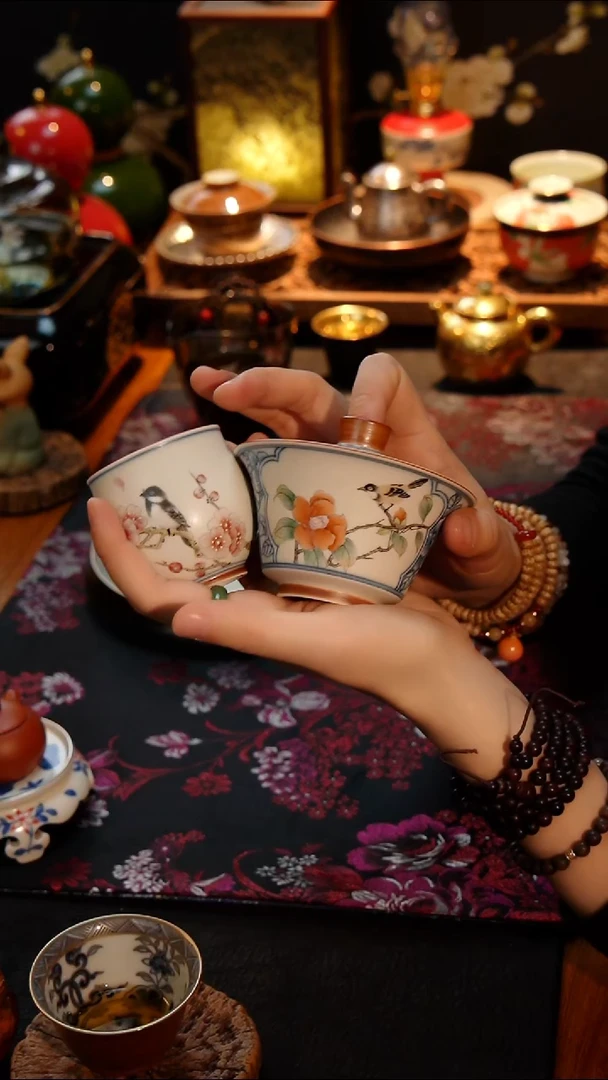 花鸟盖碗+主人杯两件套