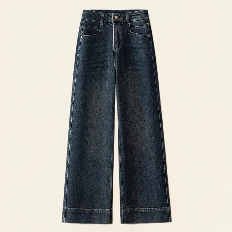 复古阔腿牛仔裤女加长款2025春秋季高腰垂感窄版蓝色加绒直筒裤子