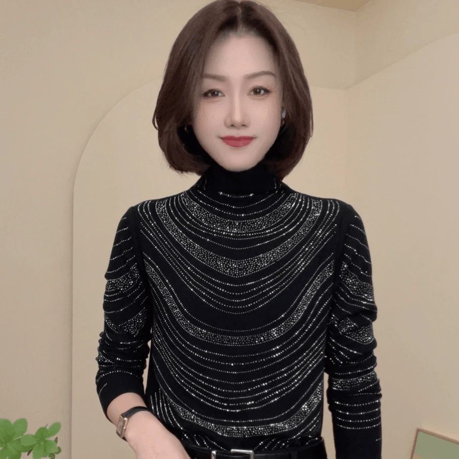 秋冬新款烫钻显瘦洋气时尚百搭长袖半高领女士上衣简约修身小衫