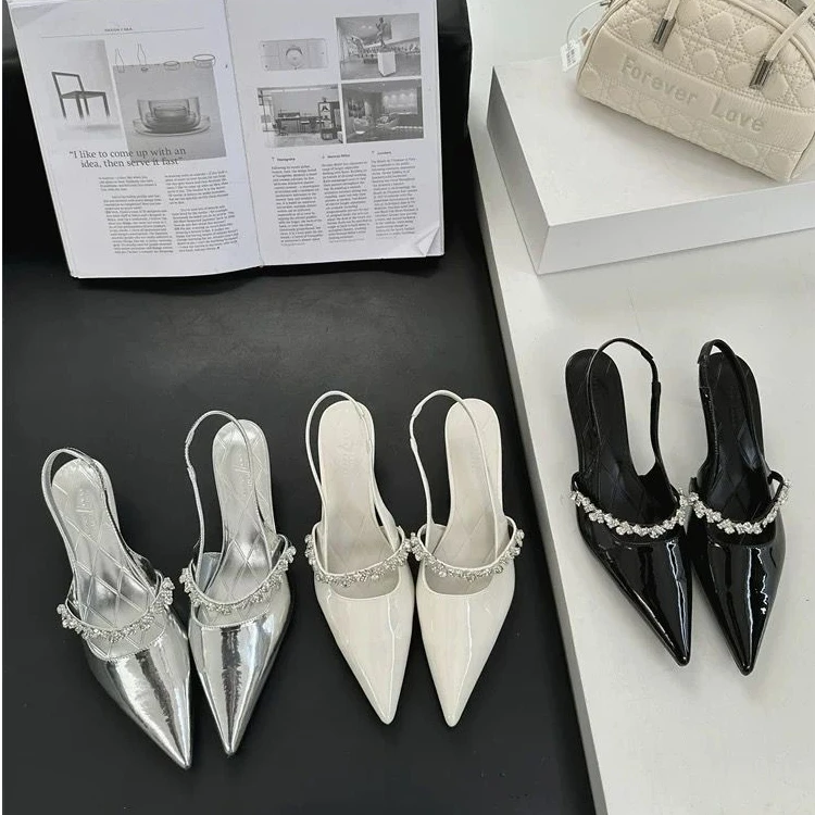 2025春夏季新款清冷气质银色尖头一字带水钻高跟鞋女浅口后空凉鞋