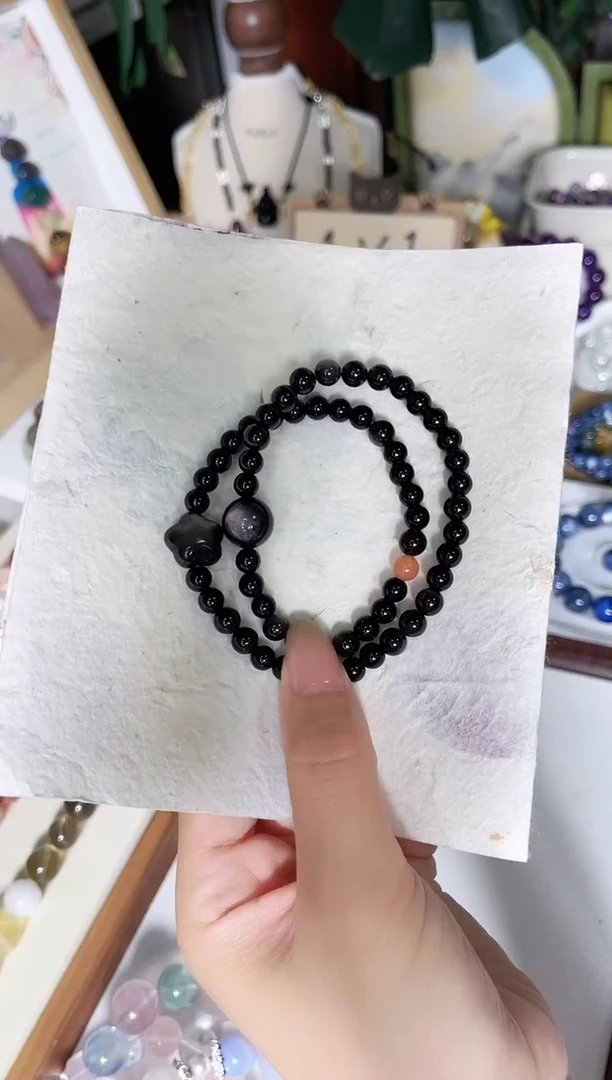 未镶嵌黑曜岩手链多圈双眼银曜石6m尺寸