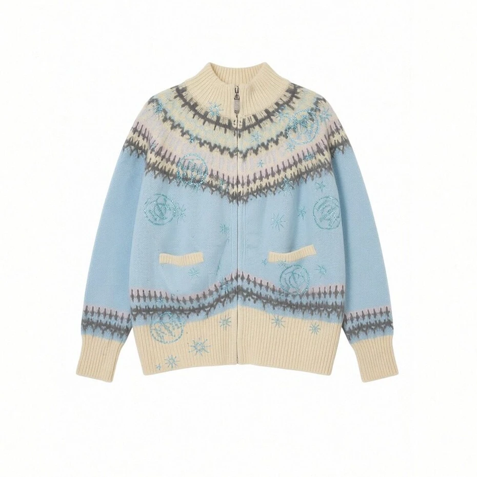 TCH【时尚百搭】冬款时尚烫钻蓝色休闲风女装针织开衫T78A43E1008