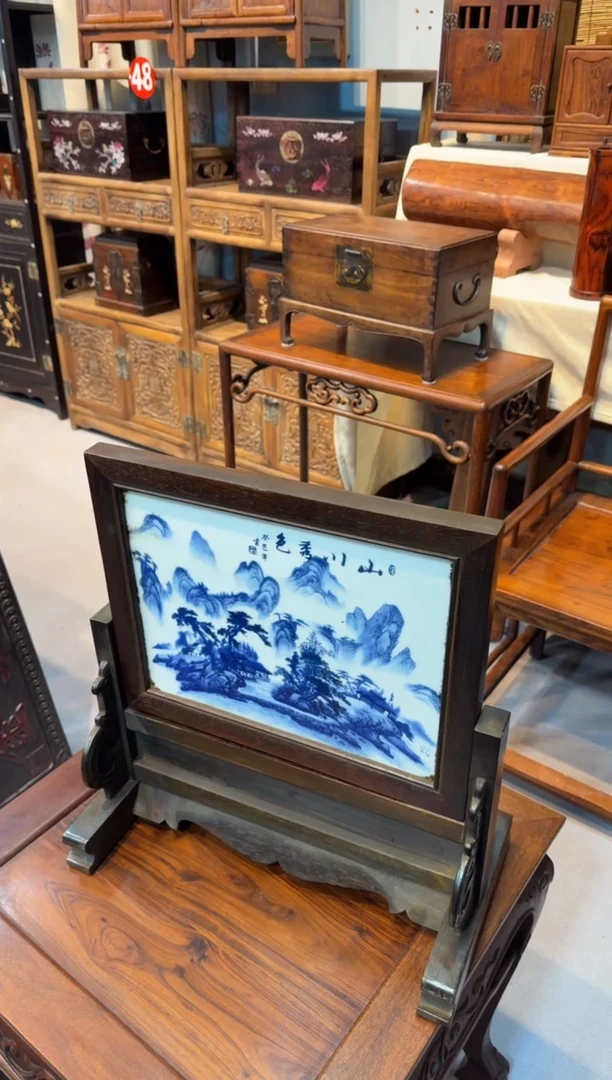 木紫檀 瓷板画小插屏 屏风