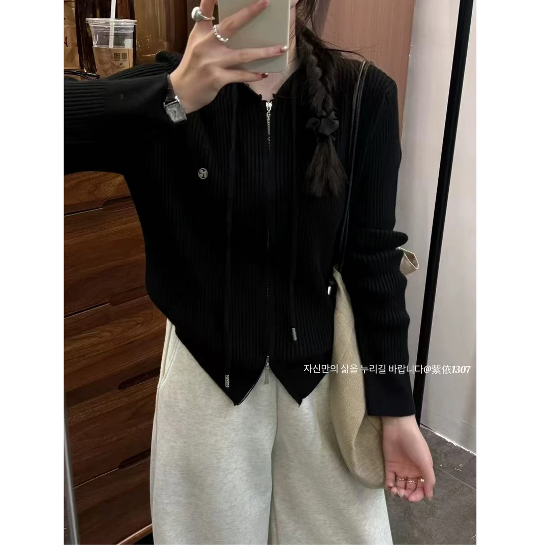 xiaom~双拉链连帽针织开衫上衣