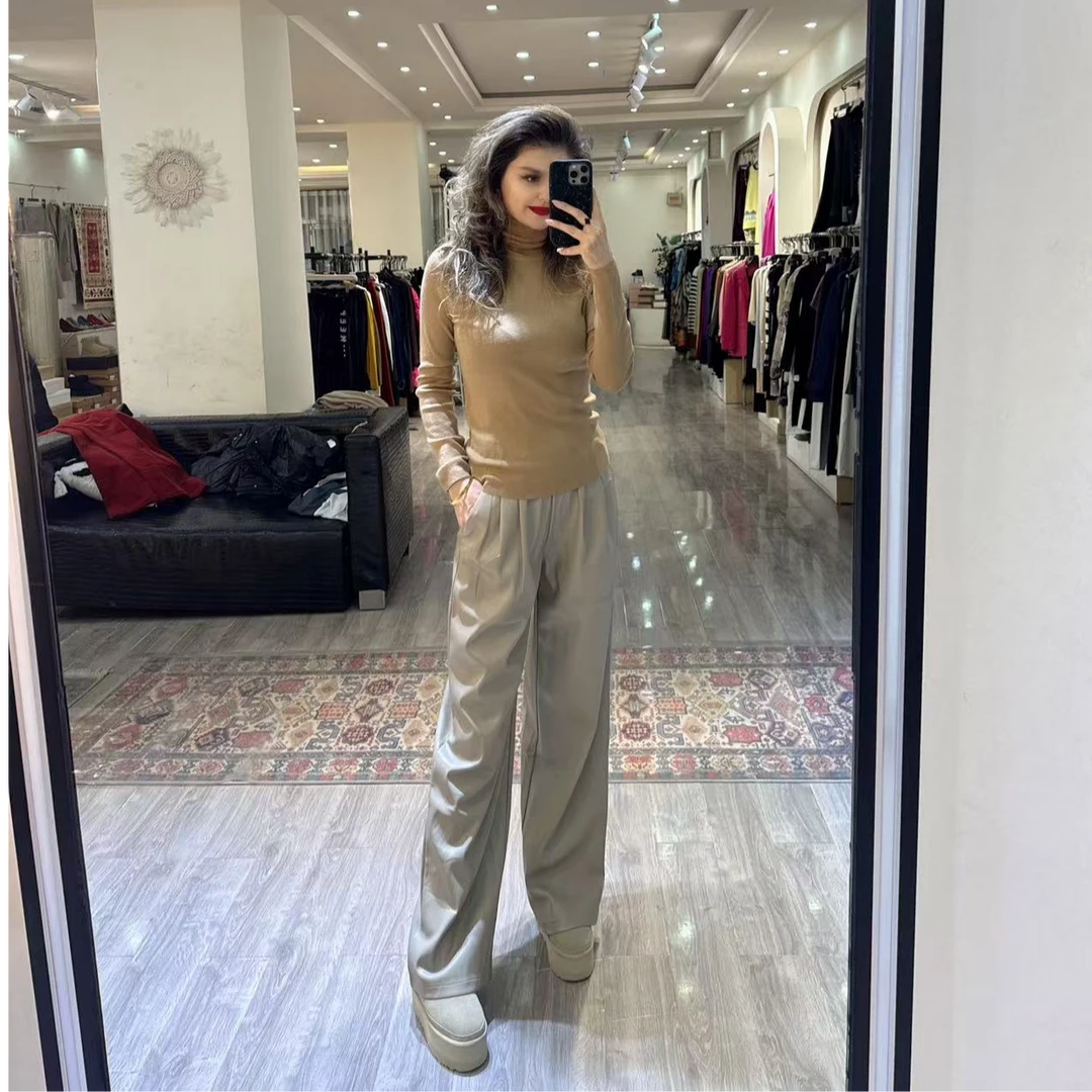 2025年自家原厂设计显瘦圆领上衣高气质阔腿皮裤两件套女款套装