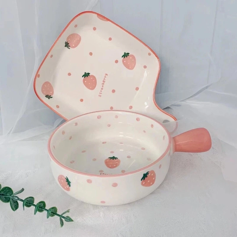 北欧风少女心餐具陶瓷盘网红手绘草莓手柄碗手柄盘家用创意可爱款