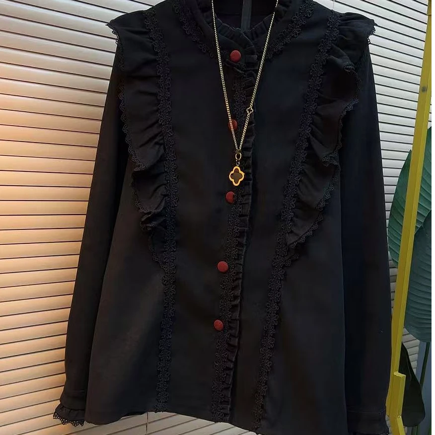 时尚百搭气质长袖荷叶边秋季拼接休闲洋气2497遮肉显瘦减龄女人衫