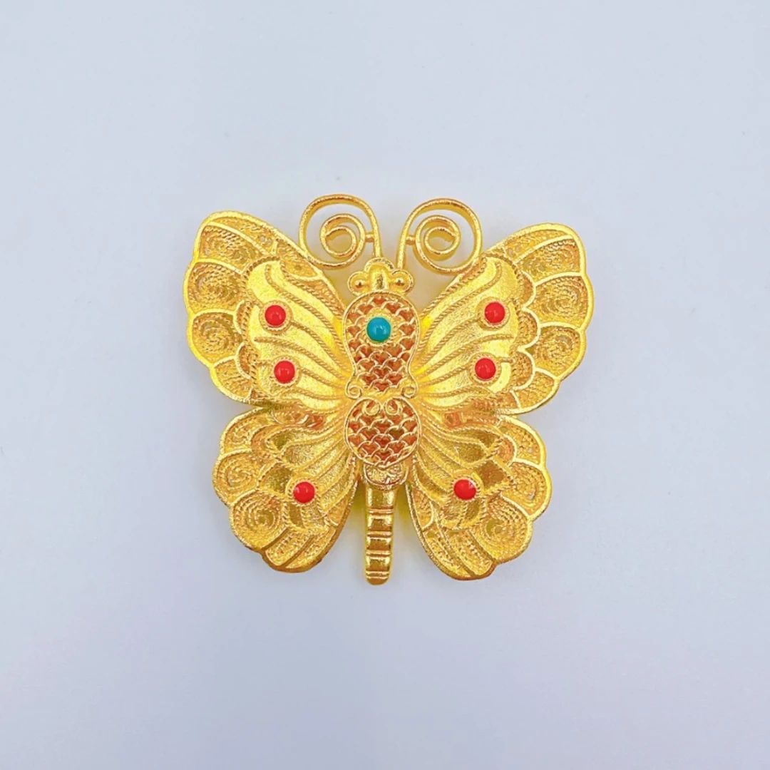 足金999花丝珐琅蝴蝶吊坠时尚百搭大气珐琅镂空吊坠