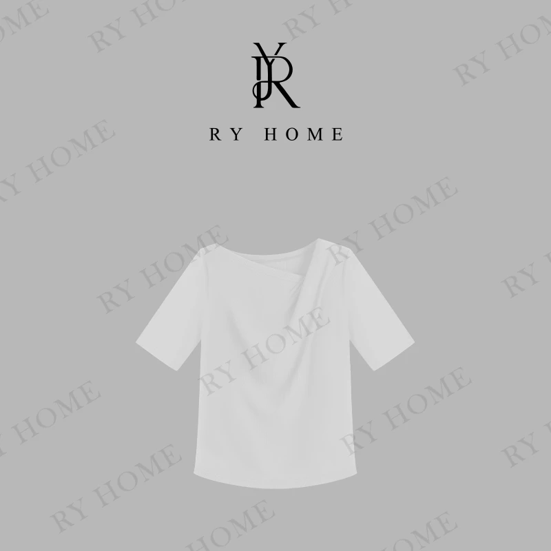 【容雨RYHOME】桑蚕丝＋法式免烫罗纹荡领短袖针织T恤251T1901