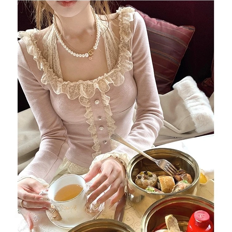 柔柔午后 高克重假两件蕾丝打底木耳边百搭挂脖t恤