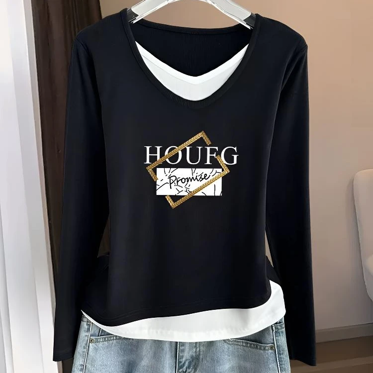 设计感假两件V领正肩长袖t恤女春秋冬新款内搭打底衫休闲时尚上衣