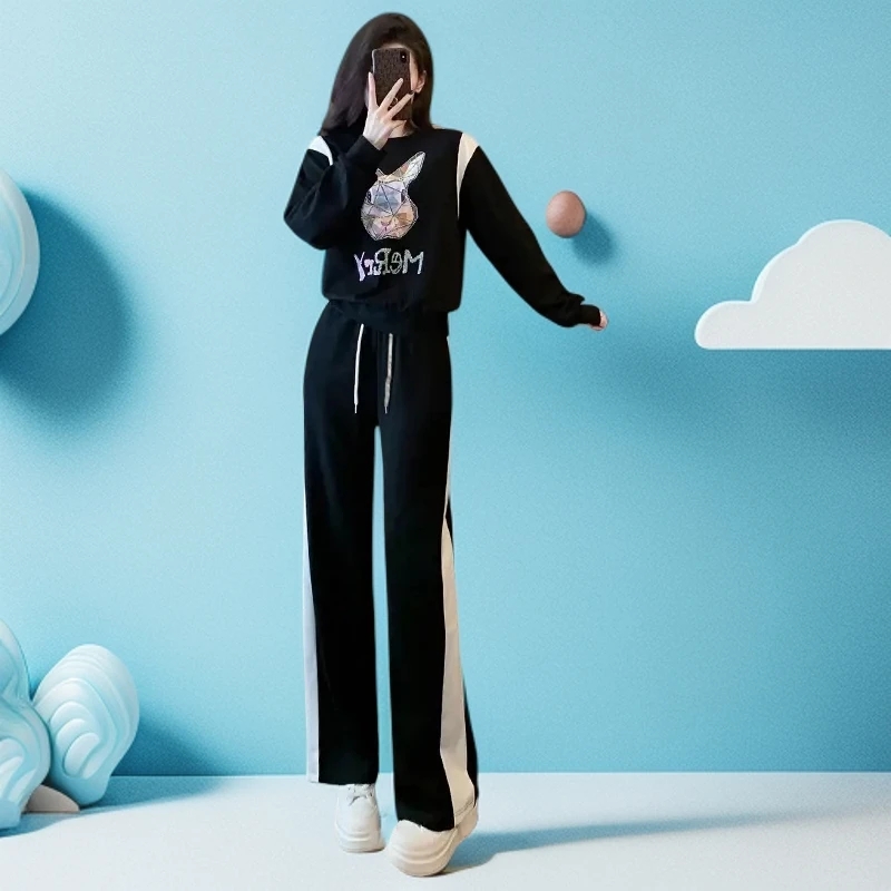 重工烫钻卫衣阔腿裤，宽松显瘦遮肉，休闲运动减龄时尚潮春秋必备