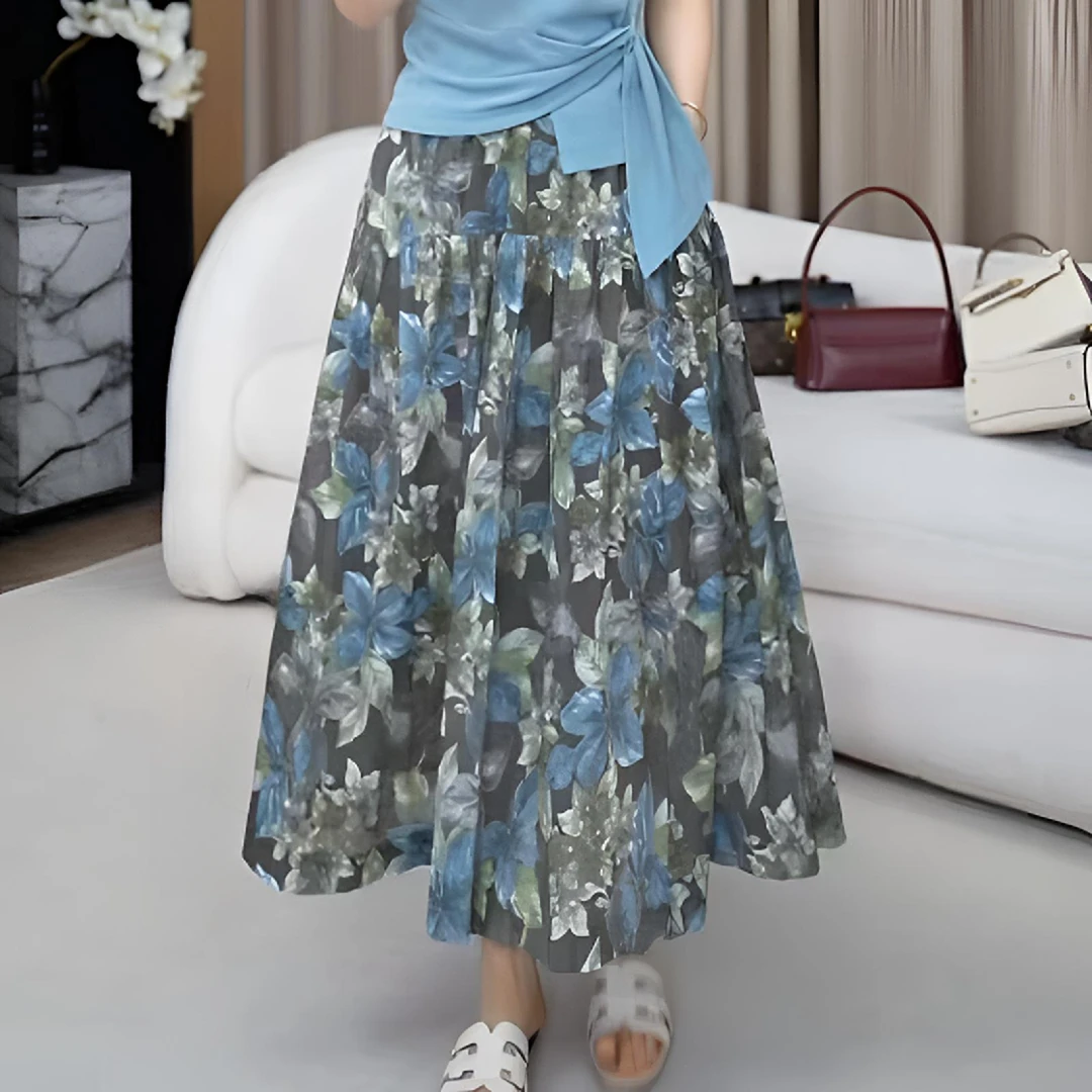 夏季薄垂感飘逸碎花高腰气质显瘦印花百褶裙中长款A字大摆半身裙