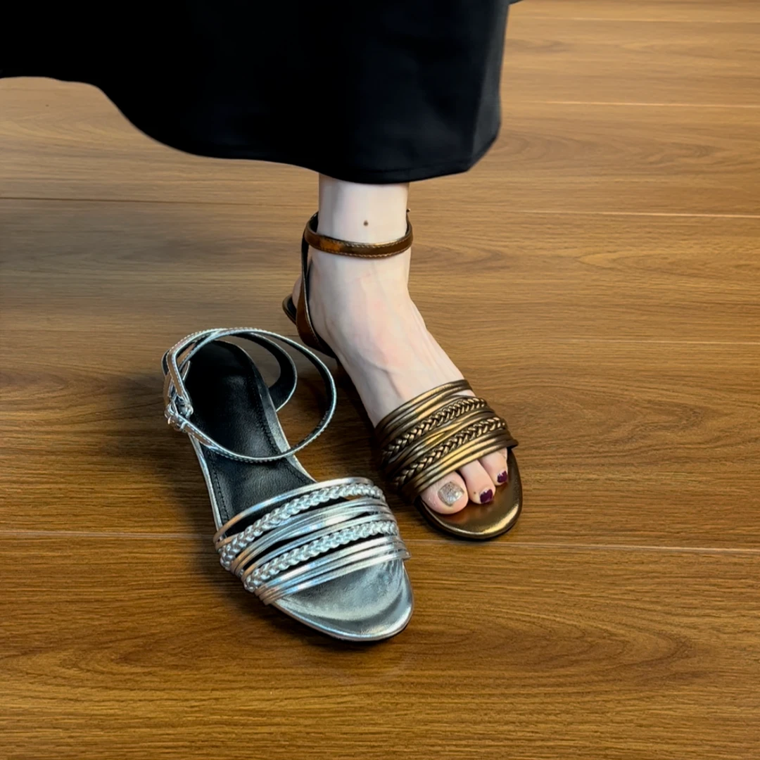 5CM头层羊皮法式优雅细百搭凉鞋女夏细带编织一字扣带玛丽珍鞋