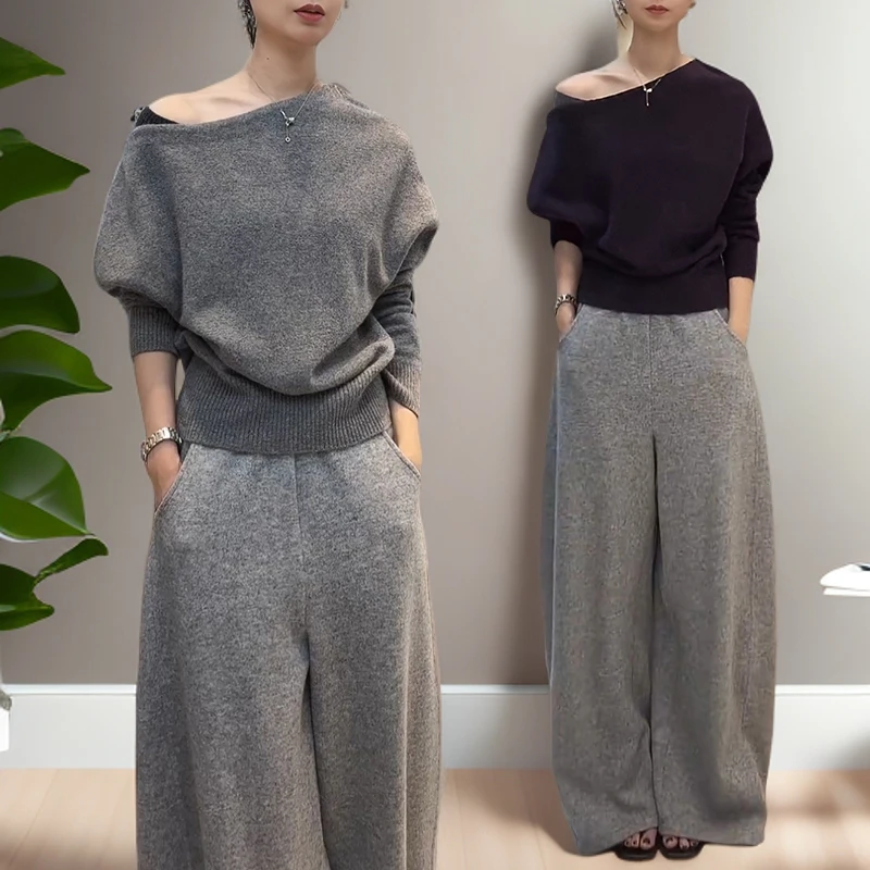 2025冬季新款韩系高级感灰色斜肩毛衣女休闲百搭显瘦阔腿裤两件套