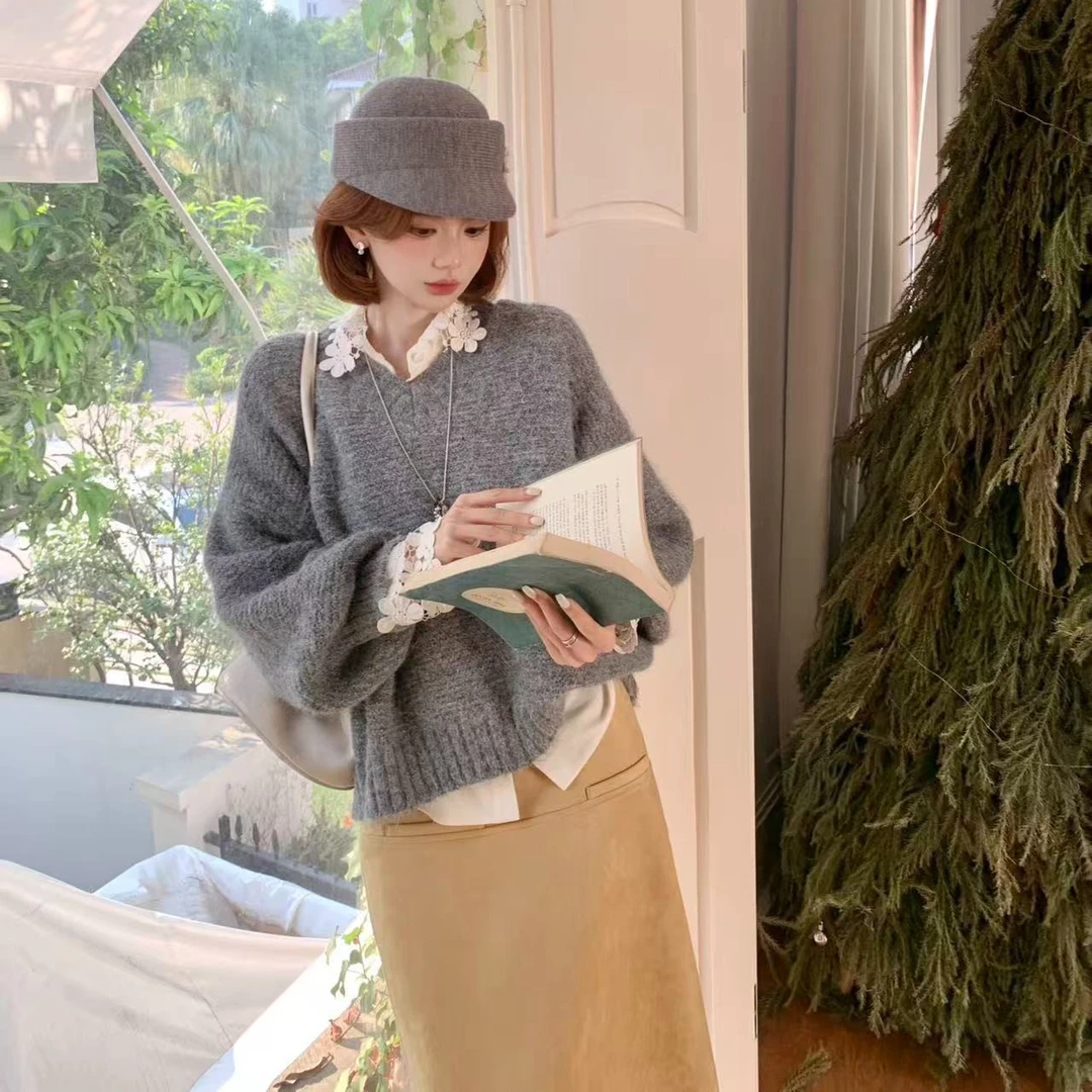 【芝士Cheese】雾色撩人 羊毛V领针织冬季套头圆领时尚打底毛衣