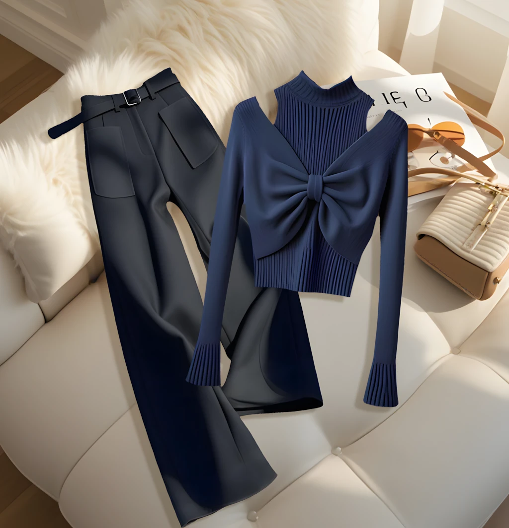 2025爆款女装法式蝴蝶结设计感长袖上衣高腰直筒休闲长裤两件套装