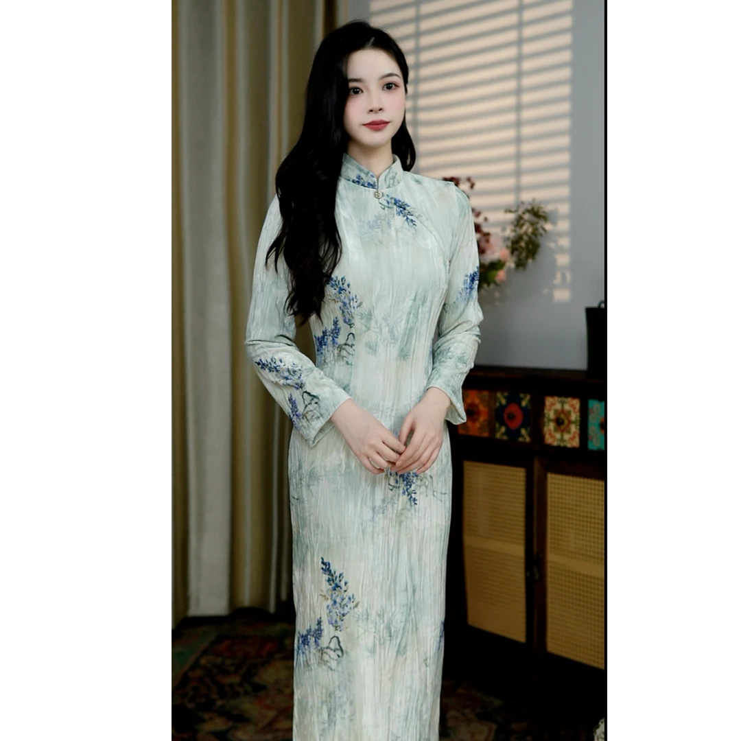 锦笙 |故里逢春125cm改良新中式长袖丝绒浅色年轻气质日常旗袍