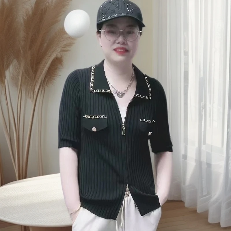 顾姐推荐：百搭翻领开衫针织时尚休闲黑色女孩常规奶奶风桑蚕丝