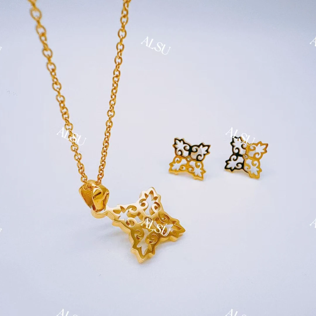 合金项链 ALSU原创经典简约两件套(锁骨链+耳钉)时尚镂空花型