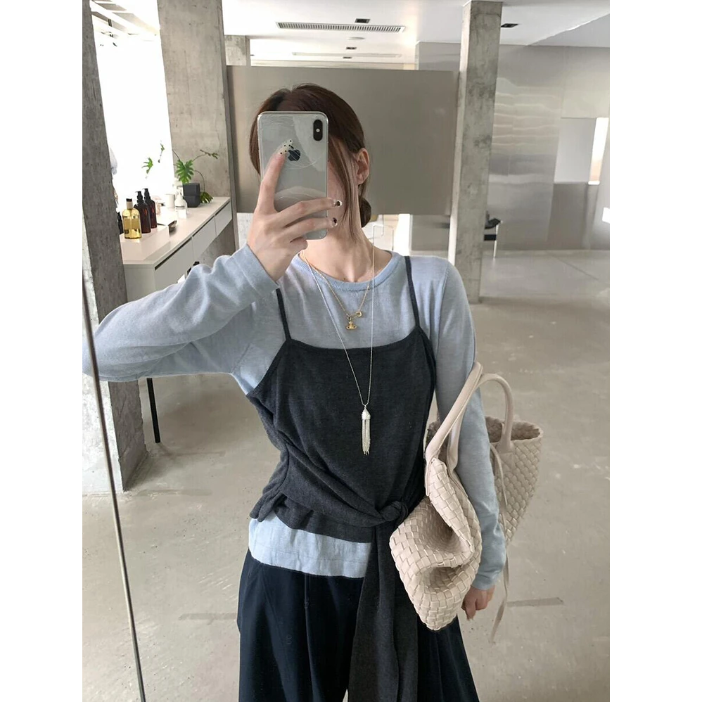 韩系chic别致上衣超好看设计感假两件吊带针织衫女宽松显瘦长袖潮
